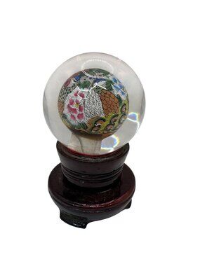 Chinese Reverse Painted Orb Glass Globe Wood Base Box Floral Peacock Design 3.5"